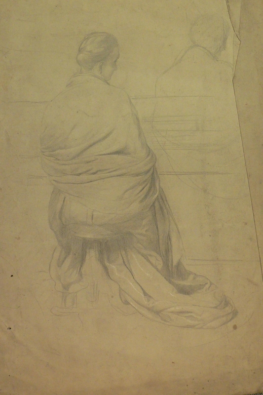 M 83. Recto Study of a lady seated on a piano stool Drapery study. Verso Drapery study