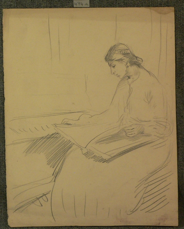 474 ch. young lady seated, in long dress with a large book resting on her knees. FAMILY?